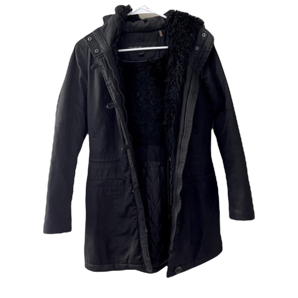 Marc New York black long faux fur jacket hood womens size XS